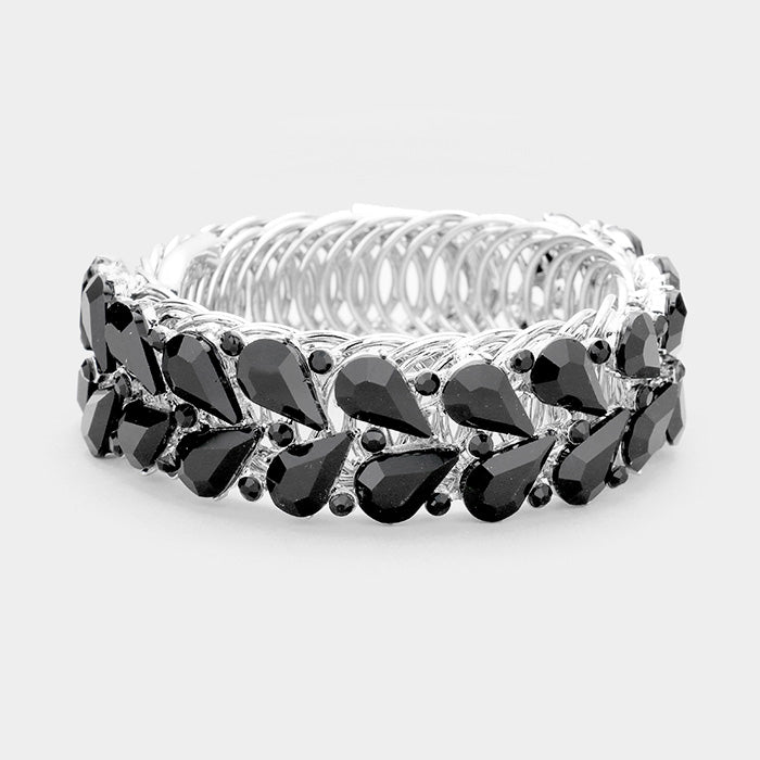 Madeline Love Black, Rhodium Crystal Teardrop Cluster Adjustable Evening Bracelet - Bracelets