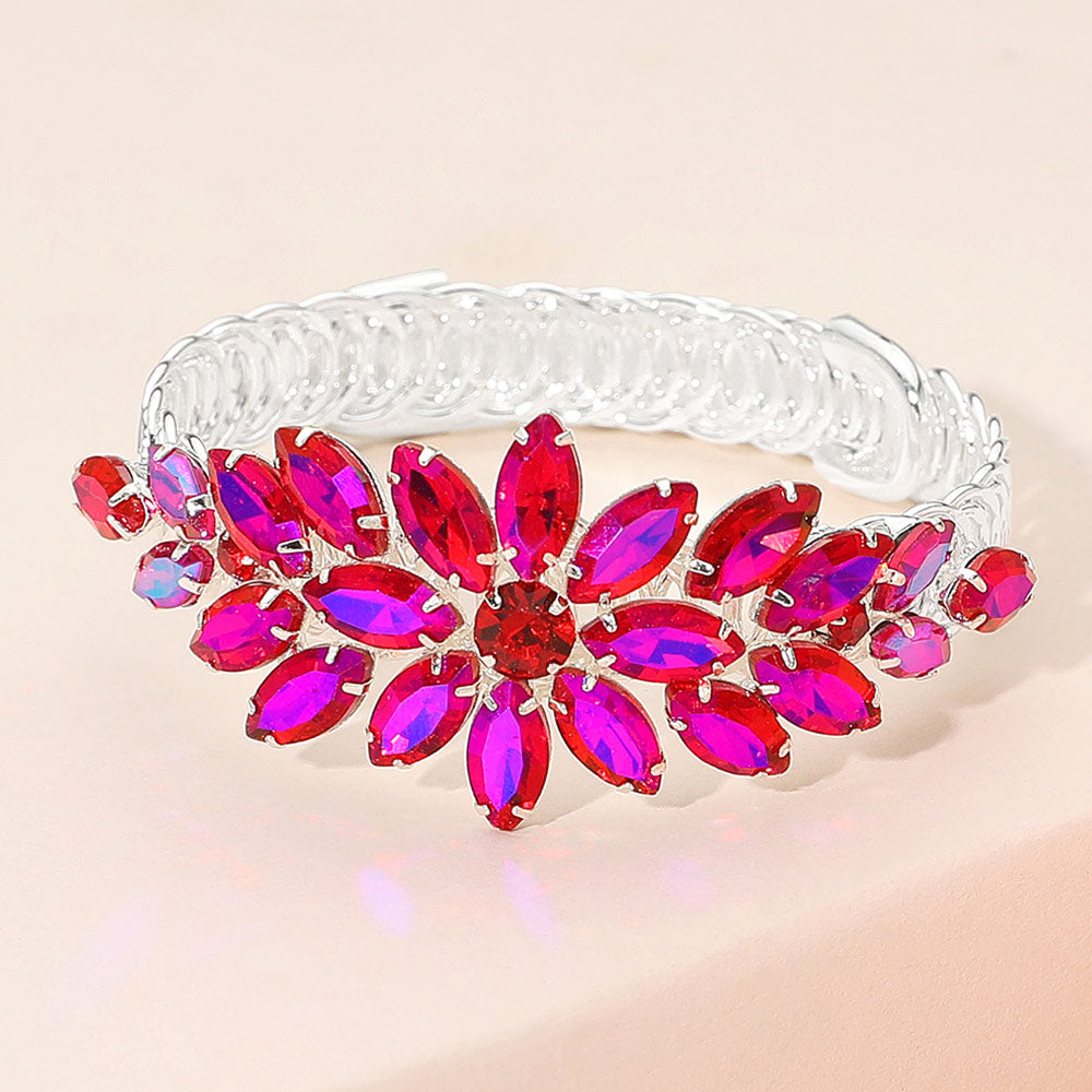 Madeline Love AB, Red, Silver Marquise Floral Stone Cluster Adjustable Evening Bracelet - Bracelets