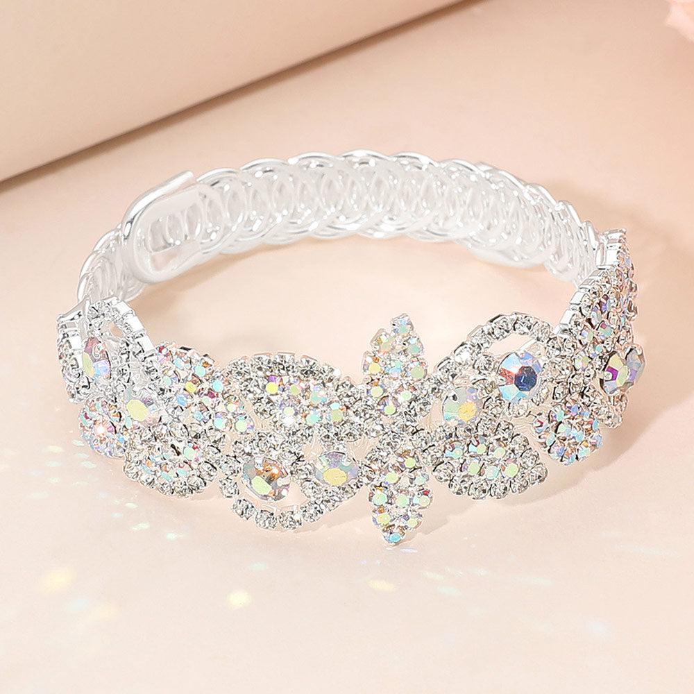 Madeline Love AB, Silver Rhinestone Paved Floral Leaf Adjustable Evening Bracelet - Bracelets