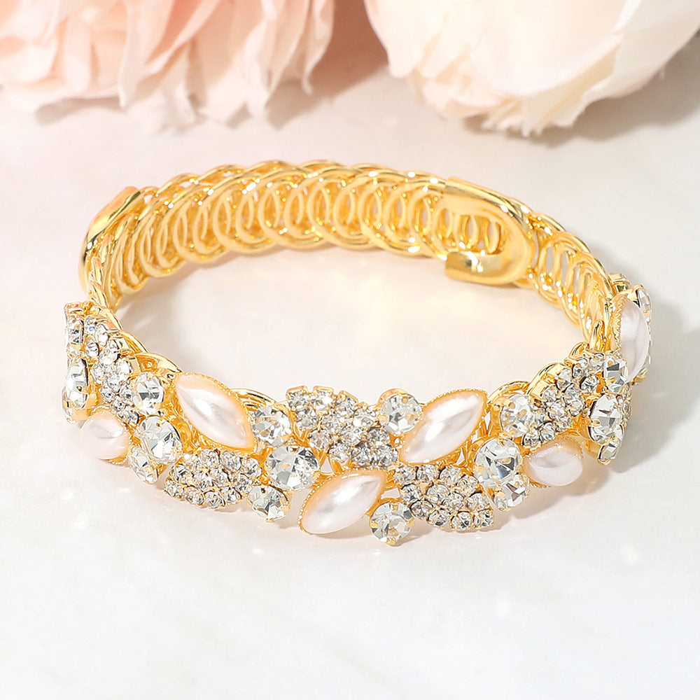 Madeline Love Cream, Gold Marquise Pearl Rhinestone Pave Leaf Vine Embellished Adjustable Evening Bracelet