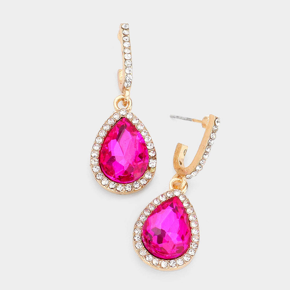 Madeline Love Fuchsia, Gold Rhinestone Trimmed Teardrop Stone Dangle Evening Earrings