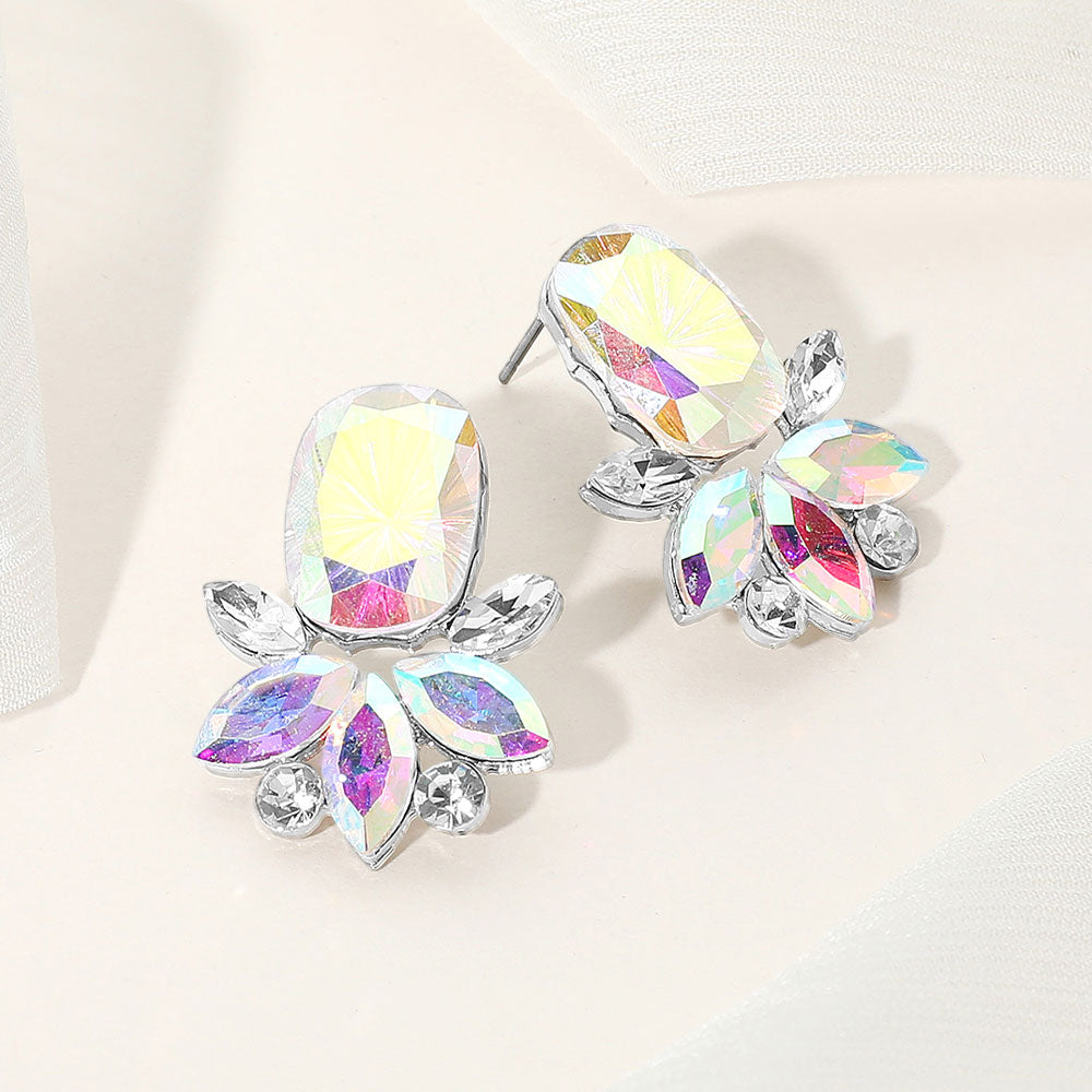 Madeline Love AB, Silver Rectangle Stone Accented Marquise Stone Embellished Evening Earrings