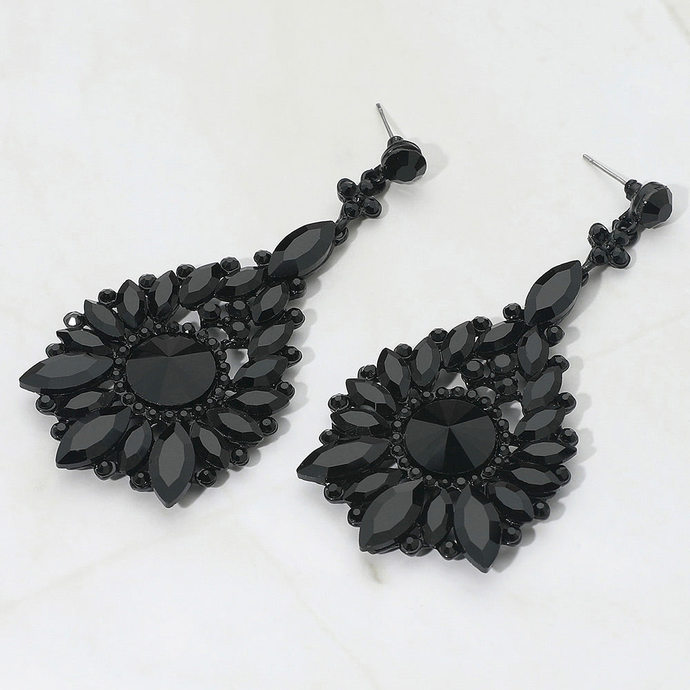Madeline Love Jet Black Elegant Marquise Round Stone Cluster Teardrop Evening Earrings