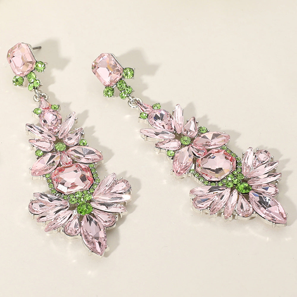 Madeline Love Pink&Green, Silver Stone Cluster Embellished Chandelier Dangle Evening Earrings