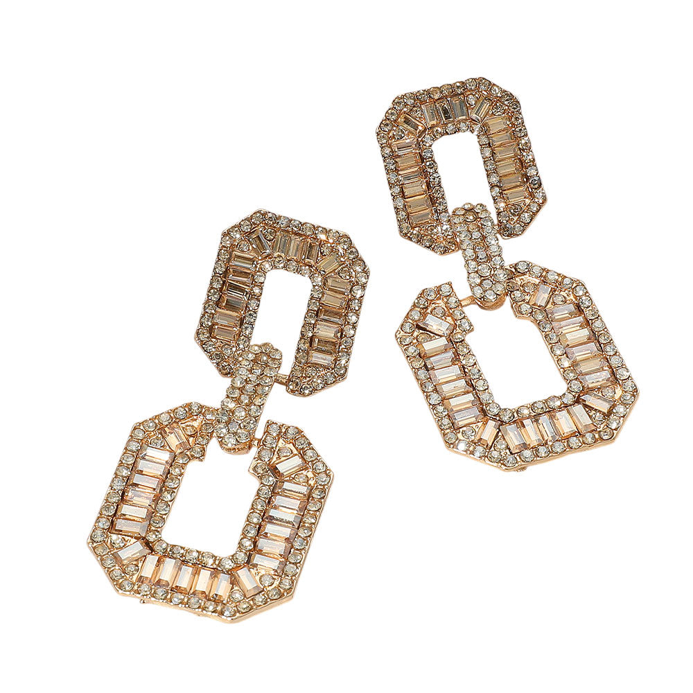 Madeline Love Gold, Lt Col Topaz Bold Geometric Baguette Stone Embellished Door Knocker Evening Earrings - desc