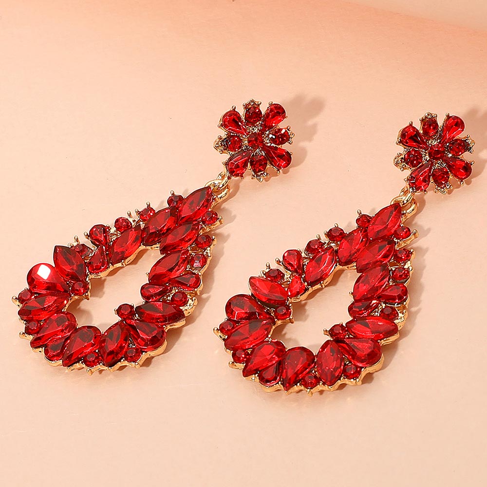 Madeline Love Gold, Red Floral Marquise Teardrop Stone Cluster Accent Dangle Evening Earrings