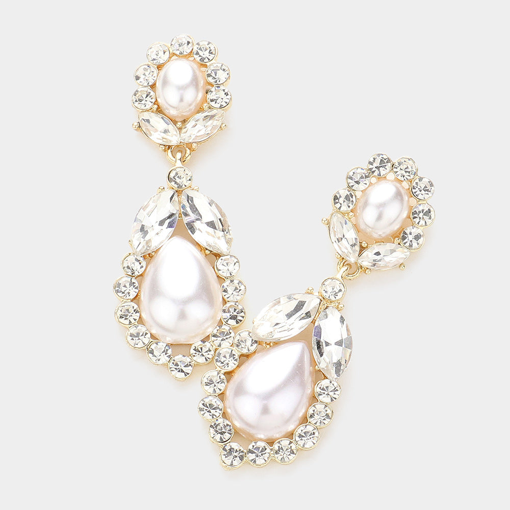 Madeline Love Cream, Gold Crystal Rhinestone Embellished Pearl Evening Earrings