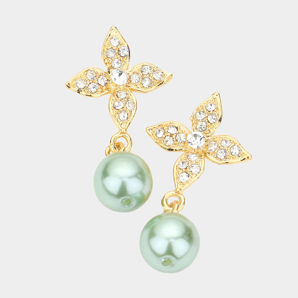 Madeline Love Green Elegant Floral Motif Crystal Pearl Drop Earrings