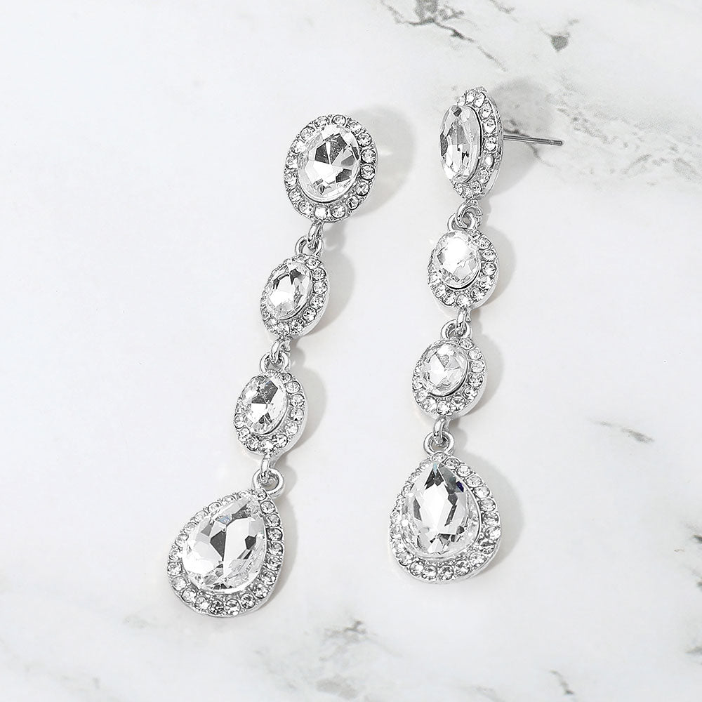 Madeline Love Clear, Silver Teardrop Stone Cluster Link Linear Drop Evening Earrings