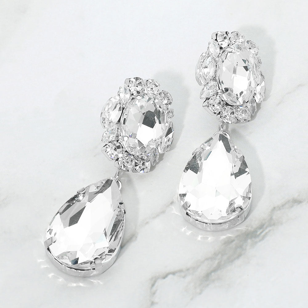 Madeline Love Clear, Rhodium Faceted Oval Teardrop Stone Drop Statement Evening Earrings