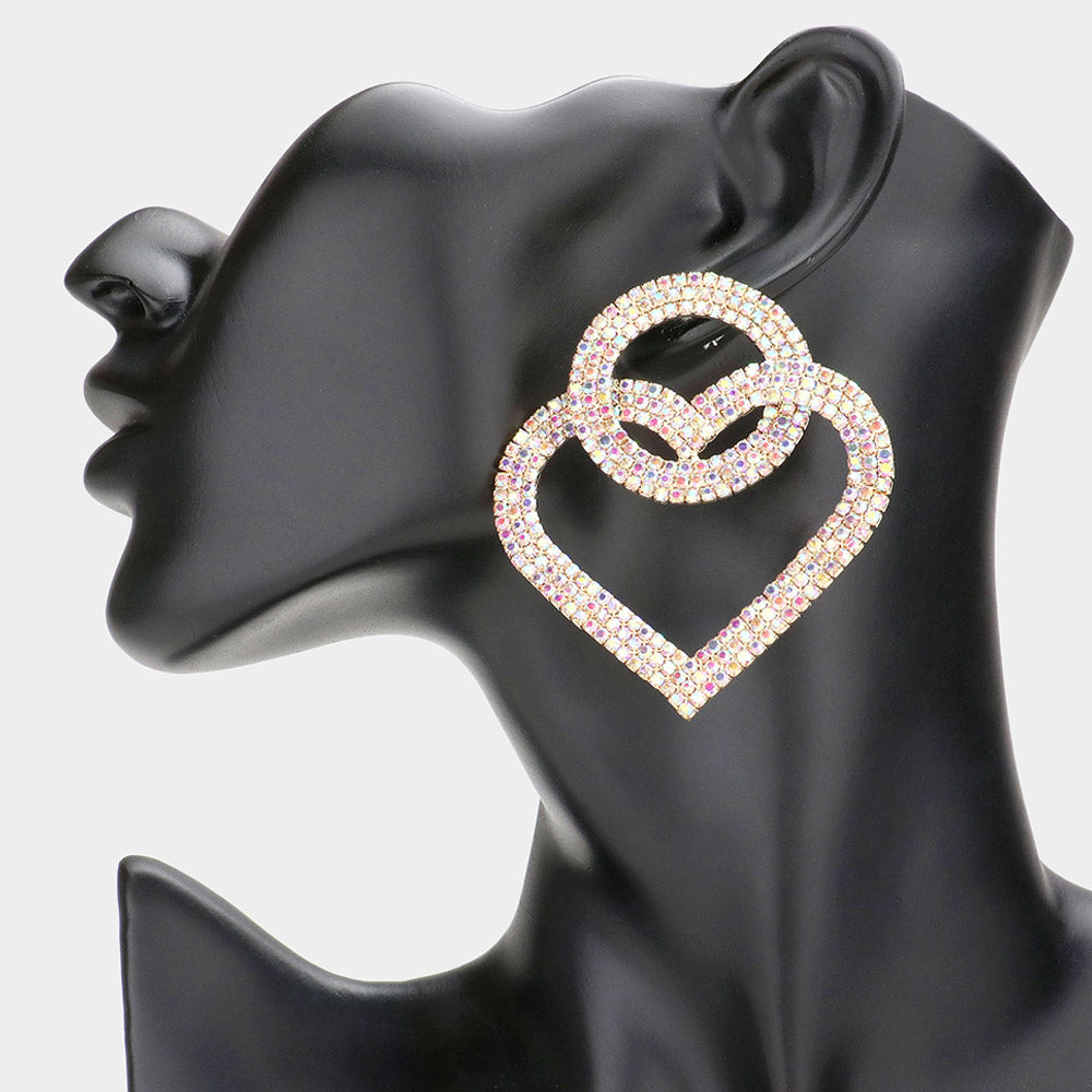 Rhinestone Open Circle Heart Link Evening Earrings - AB Gold - Earrings
