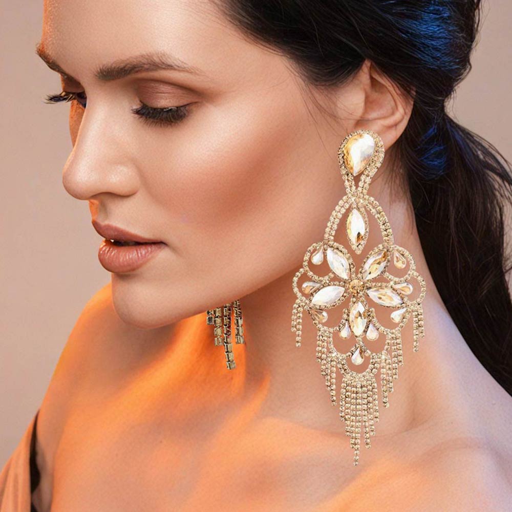 Madeline Love Gold, Lt Col Topaz Marquise Stone Flower Accented Chandelier Evening Earrings