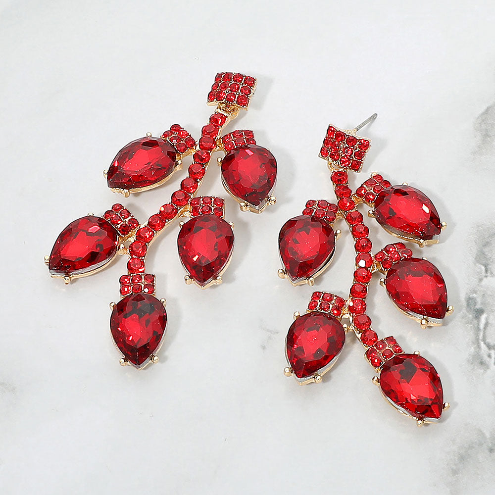 Madeline Love Gold, Siam Crystal Branch Drop Evening Statement Earrings