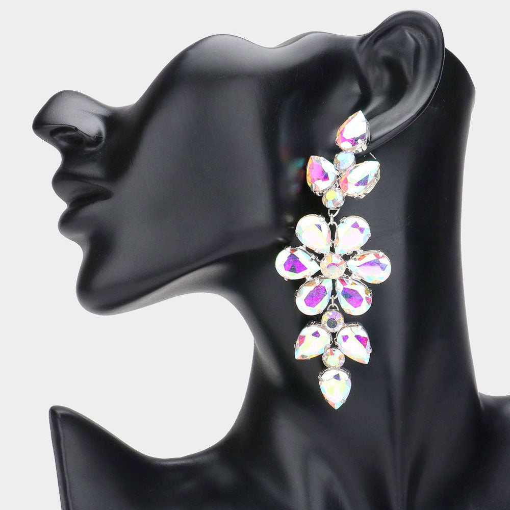 Madeline Love AB, Silver Flower Glass Stone Cluster Accented Evening Earrings