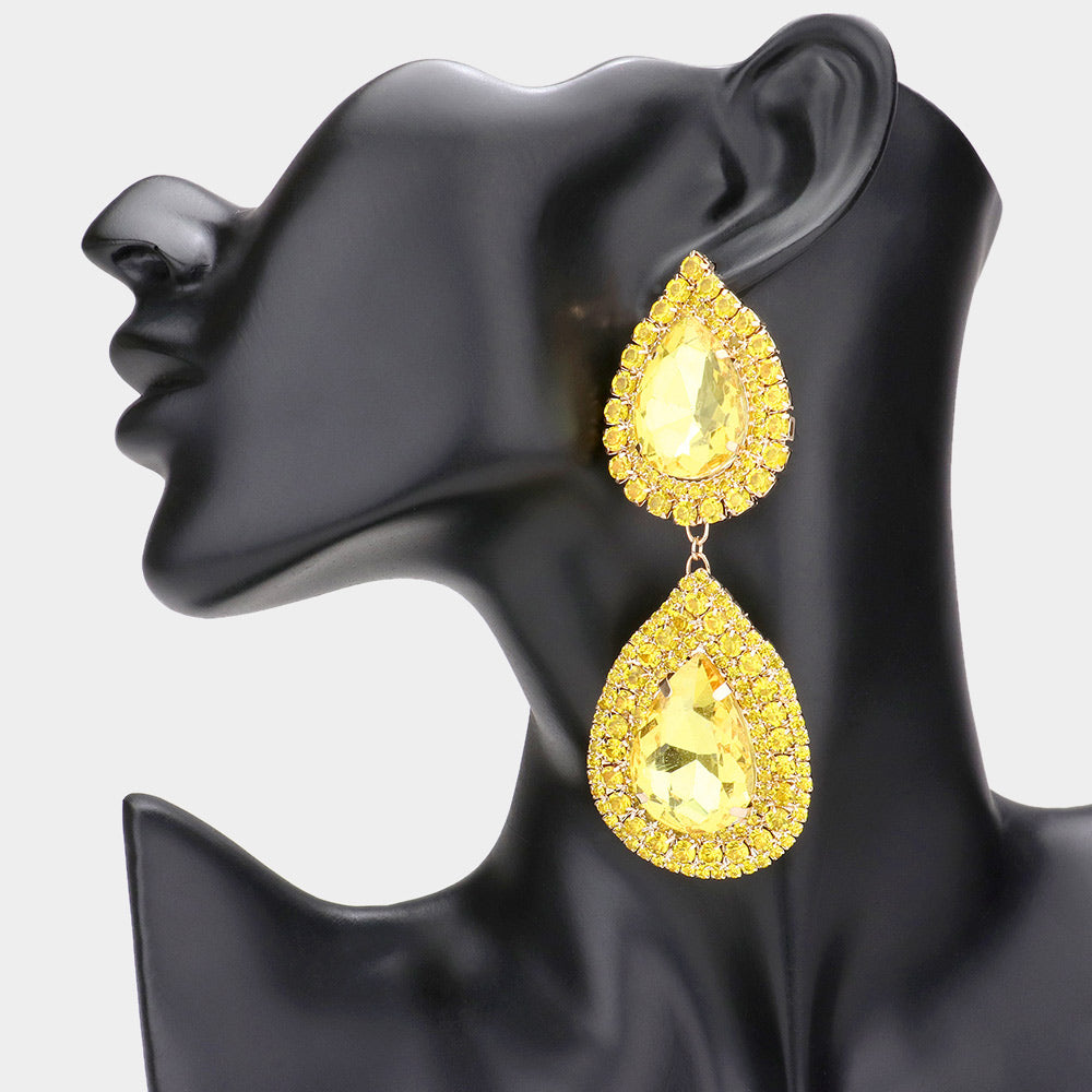Madeline Love Yellow Double Teardrop Stone Accented Link Dangle Evening Earrings