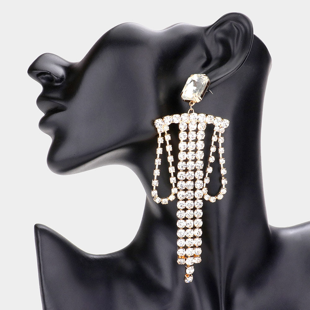 Madeline Love Gold Emerald Cut Stone Draped Rhinestone Link Dangle Evening Earrings