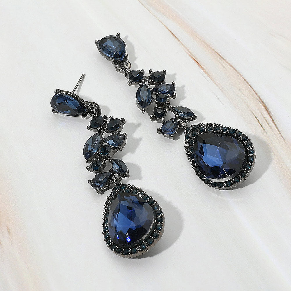Madeline Love Black, Montana Blue Marquise Stone Cluster Embellished Teardrop Stone Tip Dangle Drop Evening Earrings