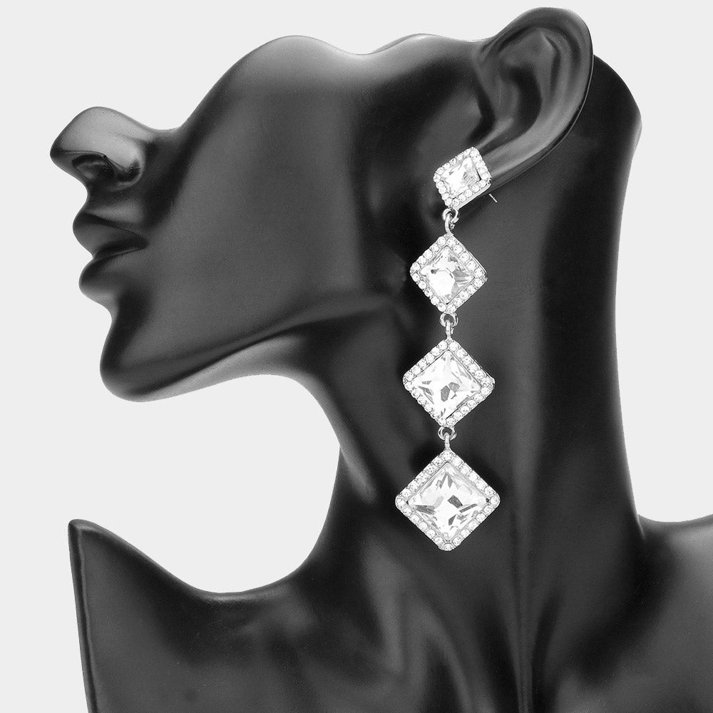 Madeline Love Silver Diamond Stone Cluster Dropdown Evening Earrings