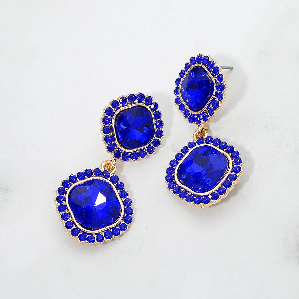 Madeline Love Gold, Sapphire Double Square Crystal Drop Evening Earrings