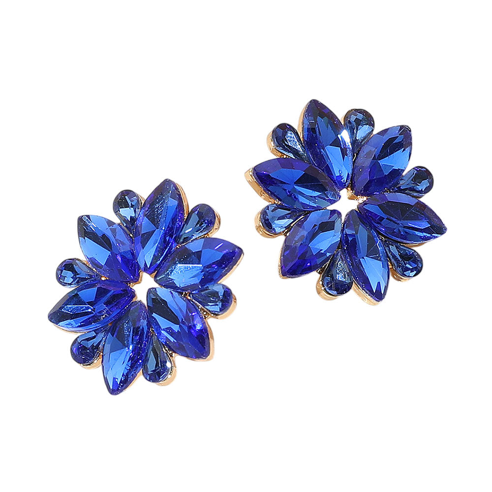 Madeline Love Gold, Sapphire Marquise Stone Cluster Flower Evening Earrings - desc