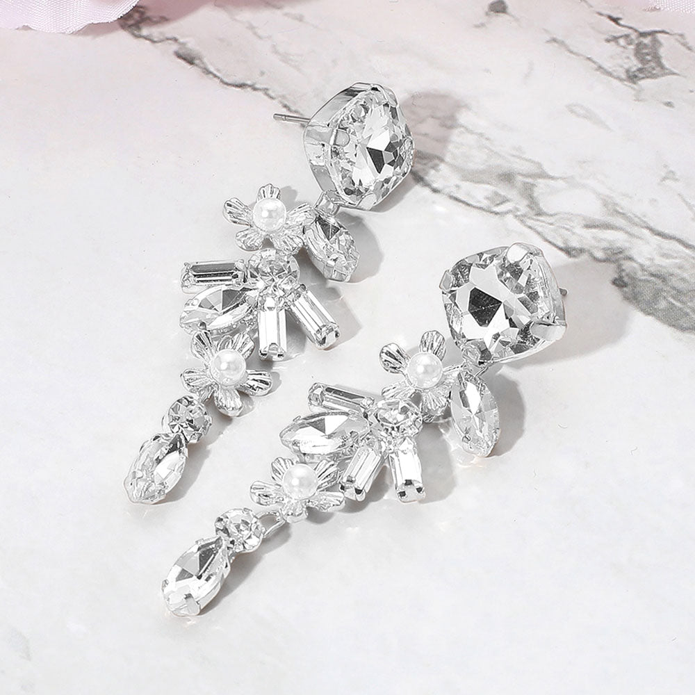 Madeline Love Clear, Silver Pearl Accented Flower Stone Cluster Drop Evening Earrings