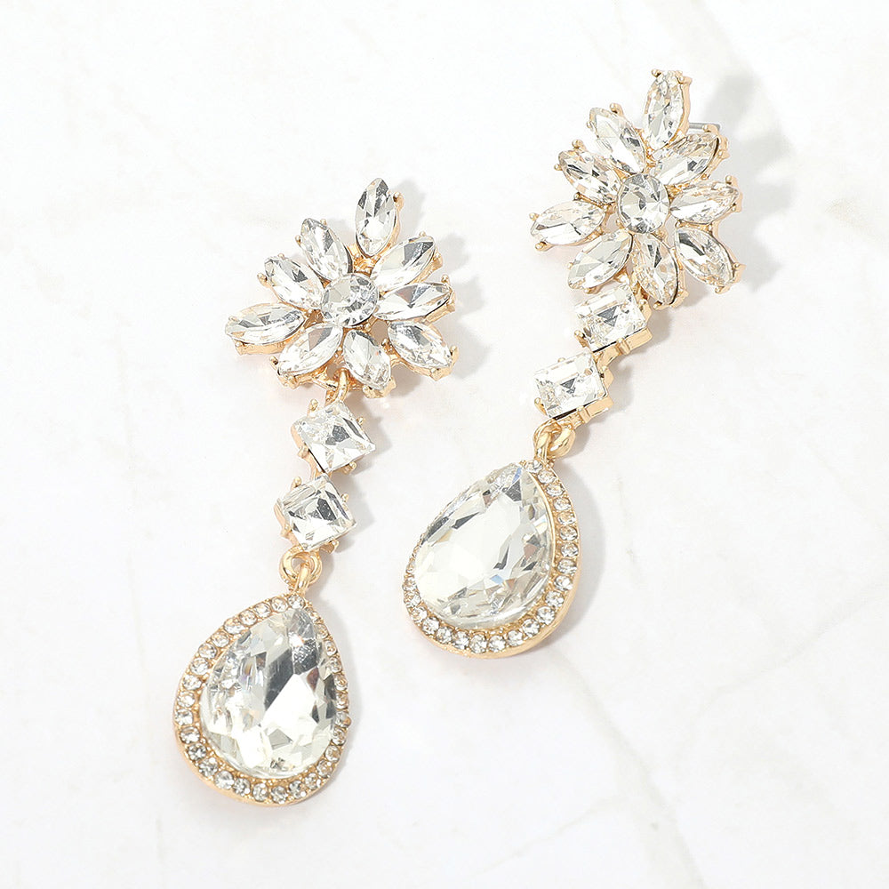 Madeline Love Clear, Gold Floral Crystal Teardrop Cluster Drop Evening Earrings