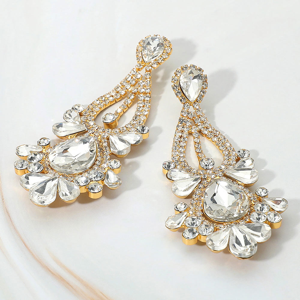 Madeline Love Clear, Gold Teardrop Stone Cluster Statement Evening Earrings
