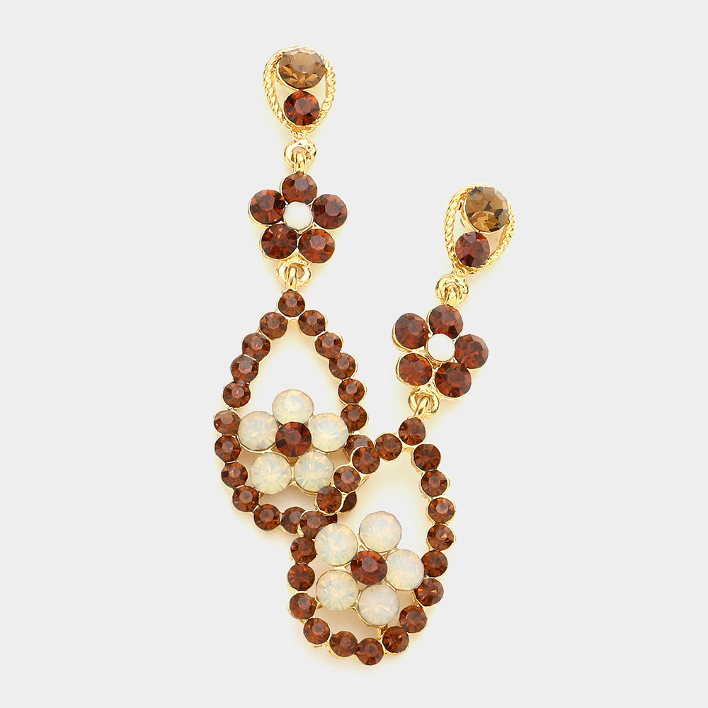 Madeline Love Gold, Opal, Taupe Round Rhinestone Flower Dangle Drop Evening Earrings