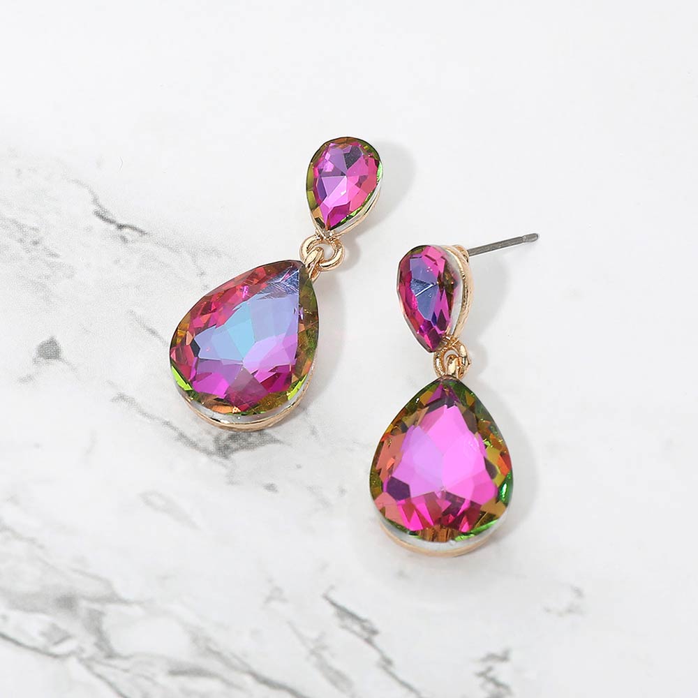 Madeline Love AB, Pink Glass Crystal Teardrop Dangle Earrings