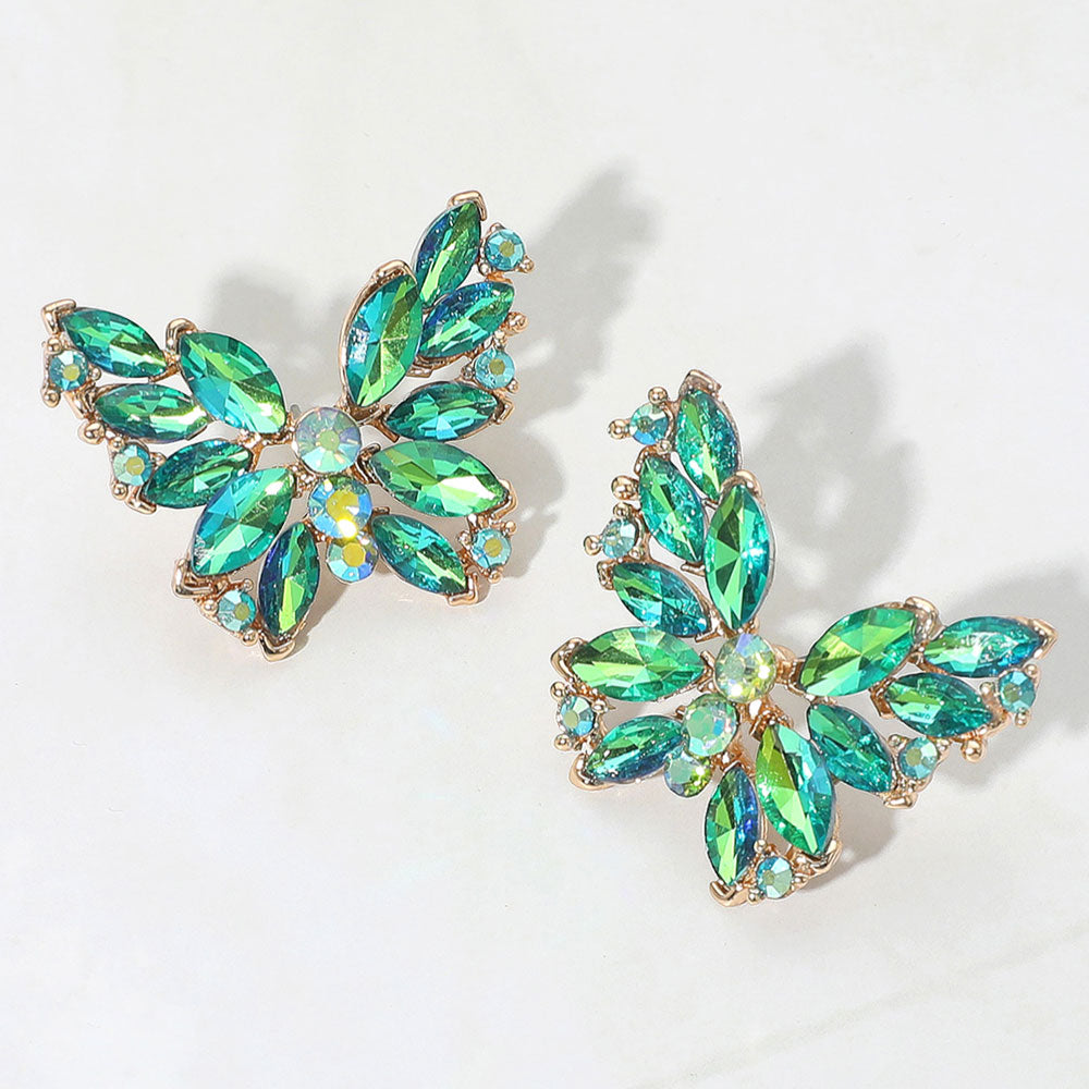 Madeline Love AB, Olive Green Round Marquise Stone Cluster Butterfly Evening Earrings