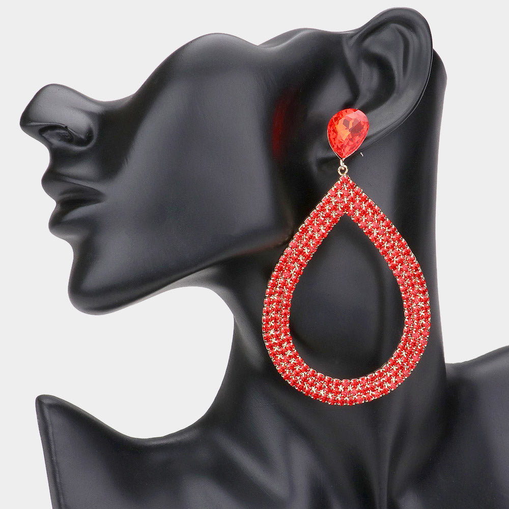 Madeline Love Red Rhinestone Pave Open Teardrop Dangle Evening Earrings