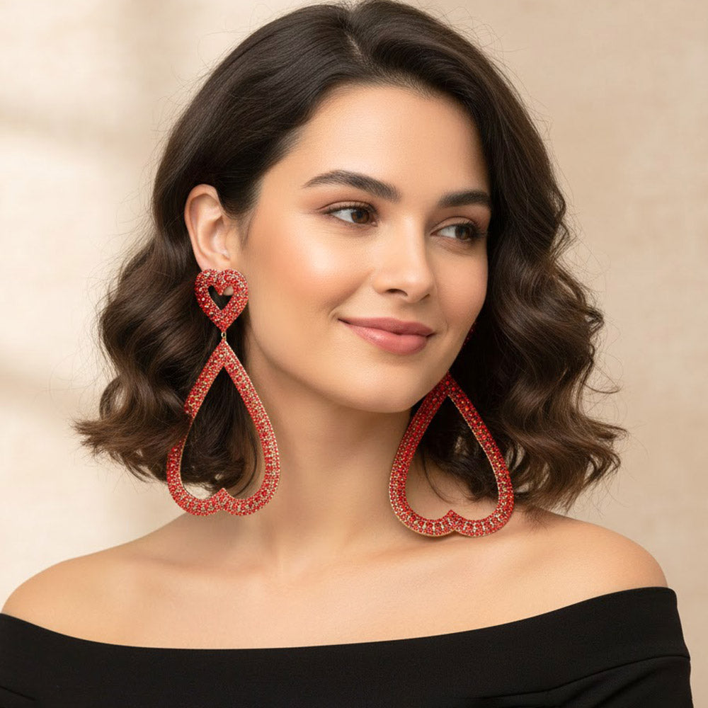 Madeline Love Red Bold Rhinestone Studded Open Heart Drop Dangle Statement Evening Earrings