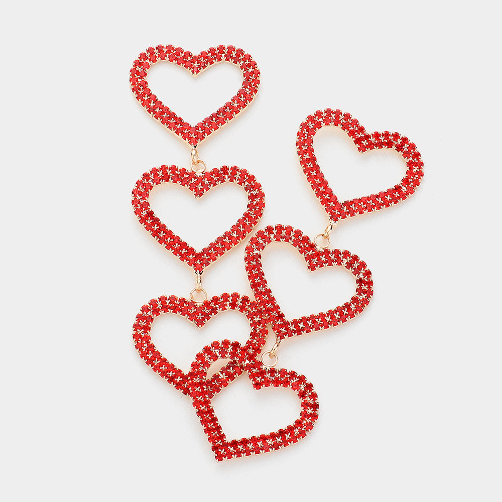 Stone Paved Open Heart Link Dropdown Evening Earrings - Red - Earrings