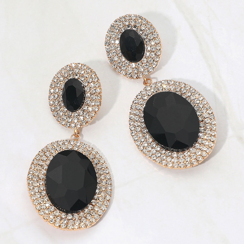 Madeline Love Black Bold Double Oval Pave Halo Link Drop Evening Earrings