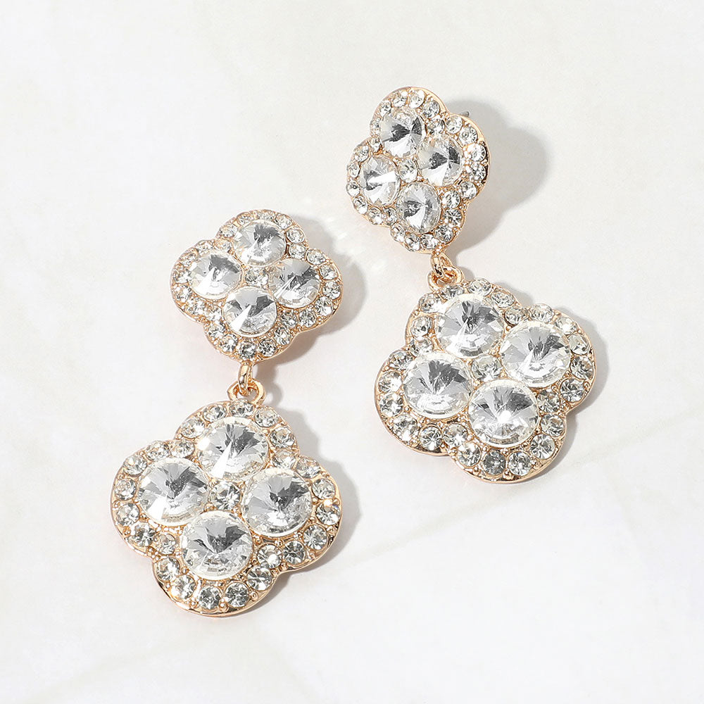 Madeline Love Clear, Gold Sparkling Double Quatrefoil Cluster Link Drop Evening Earrings