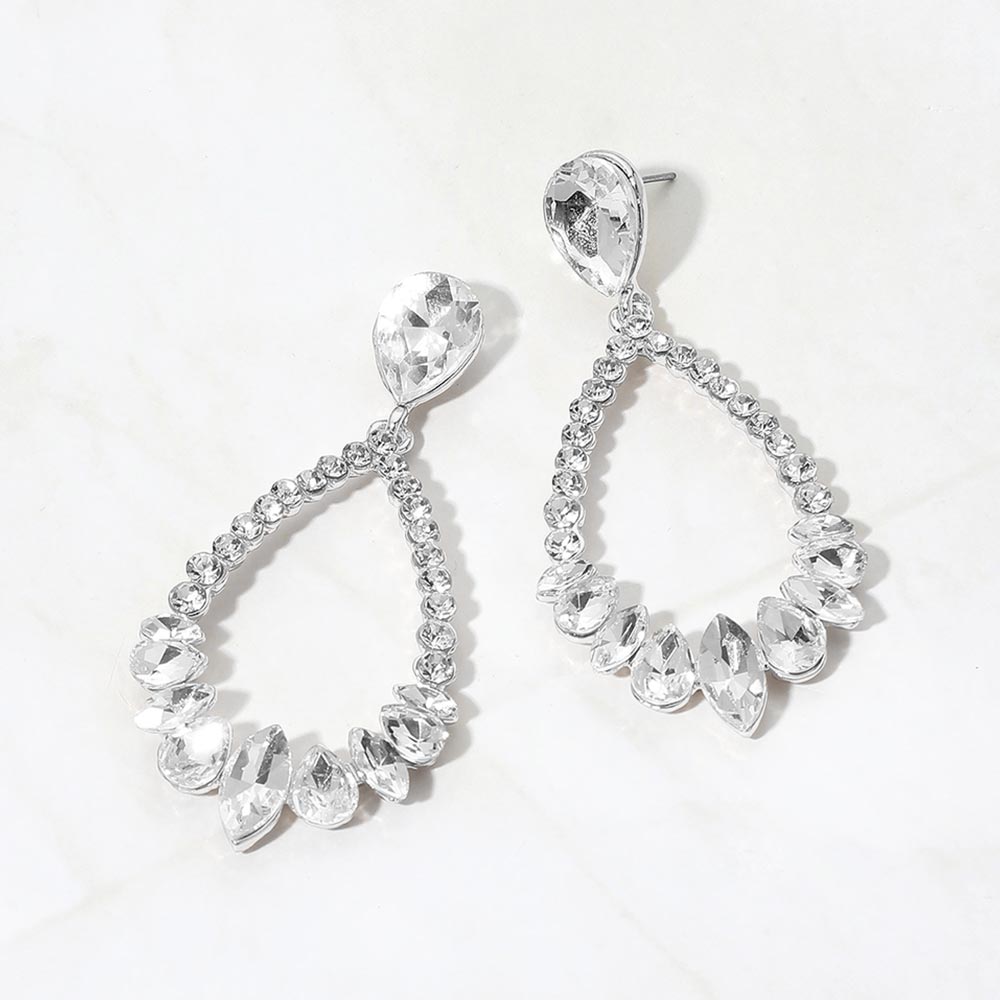 Madeline Love Clear, Silver Faceted Marquise Round Gem Open Drop Evening Earrings