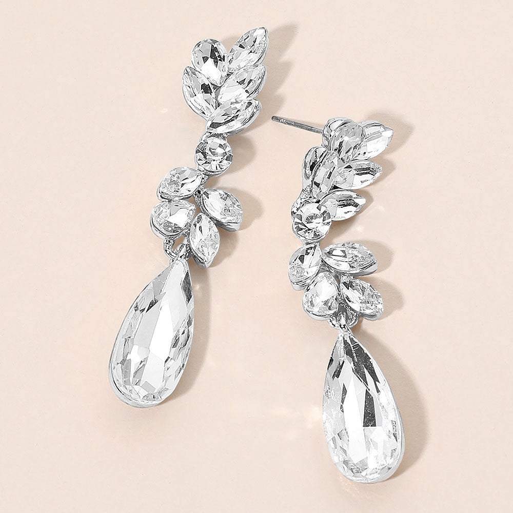 Madeline Love Clear, Silver Marquise Stone Long Teardrop Clueter Drop Evening Earrings