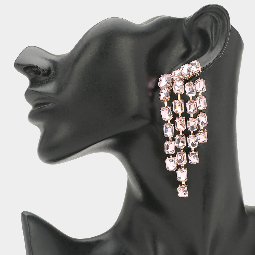 Madeline Love Pink Rectangular Stone Cluster Drop Chandelier Statement Evening Earrings