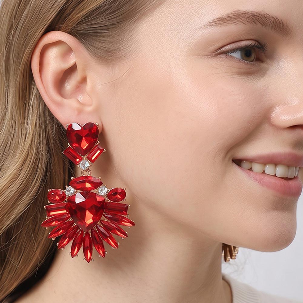 Madeline Love Red Bold Marquise Stone Fan Drop Statement Evening Earrings