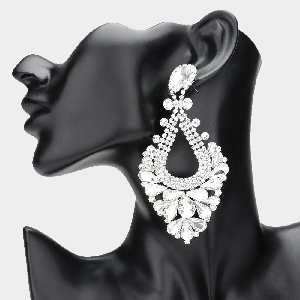 Madeline Love Silver Pear Crystal Rhinestone Pageant Evening Earrings