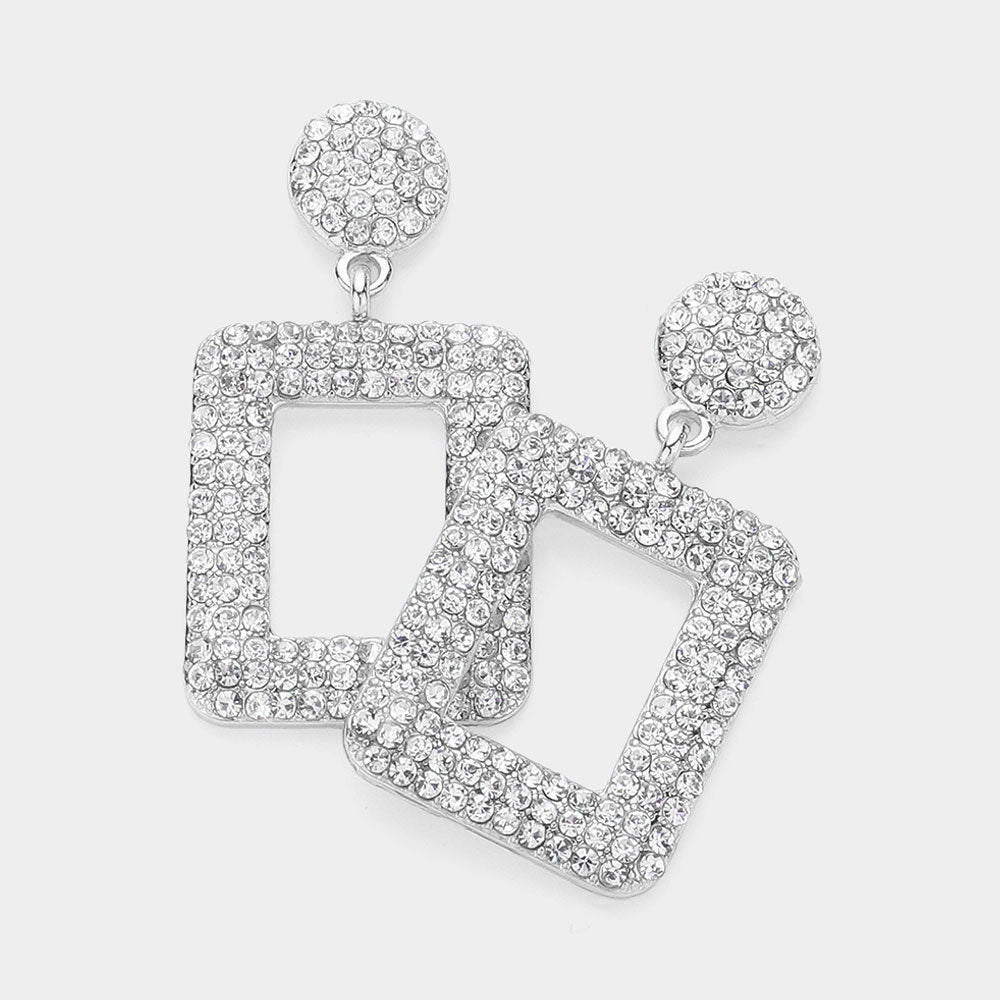 Madeline Love Clear, Rhodium Rhinestone Paved Open Square Dangle Evening Earrings