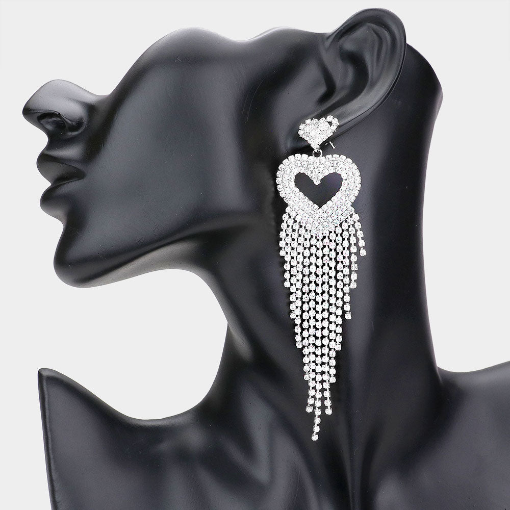 Rhinestone Pave Heart Fringe Evening Earrings - Rhodium - Earrings