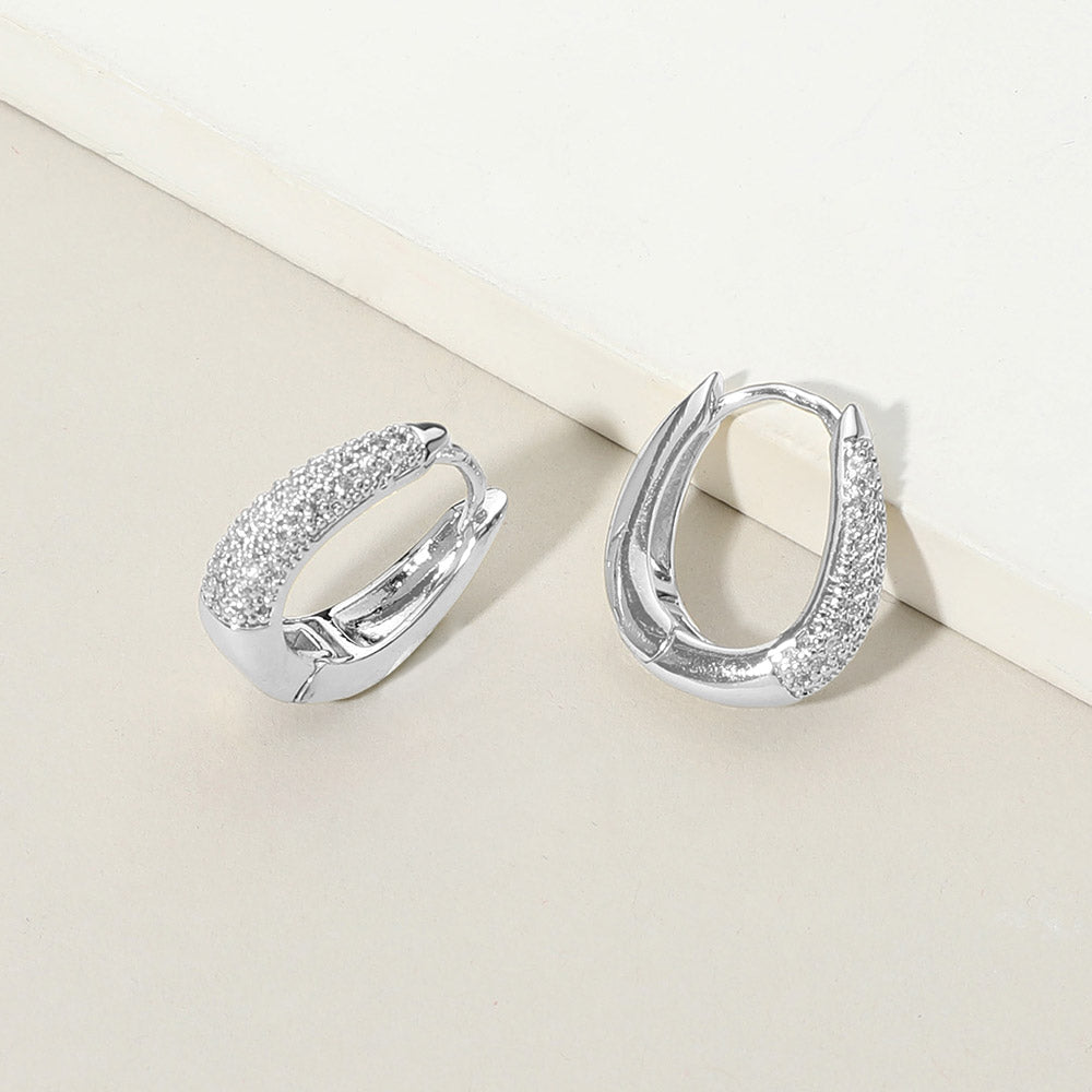 Madeline Love Rhodium White Gold Dipped CZ Stone Paved Oval Huggie Hoop Earrings