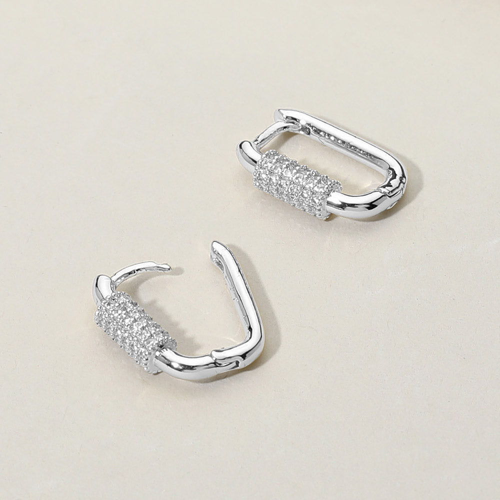 Madeline Love Silver CZ Stone Paved Carabiner Huggie Hoop Earrings