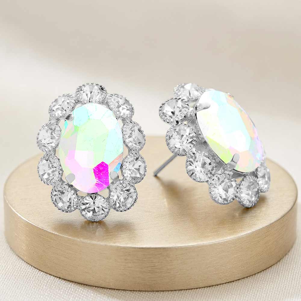 Madeline Love AB, Silver Oval Crystal Halo Stud Evening Earrings