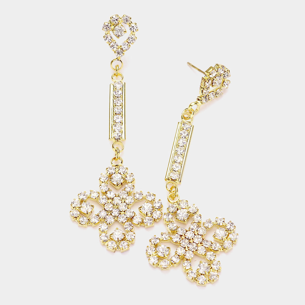 Madeline Love Clear, Gold Rhinestone 4-Leaf Clover Dangle Evening Earrings