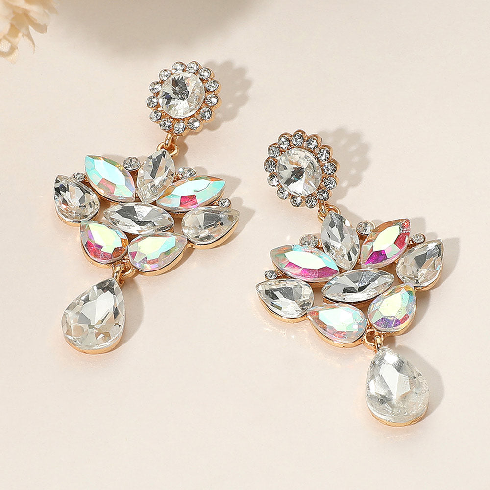Madeline Love AB, Clear, Gold Teardrop Stone Cluster Dangle Marquise Stone Cluster Embellished Drop Evening Earrings