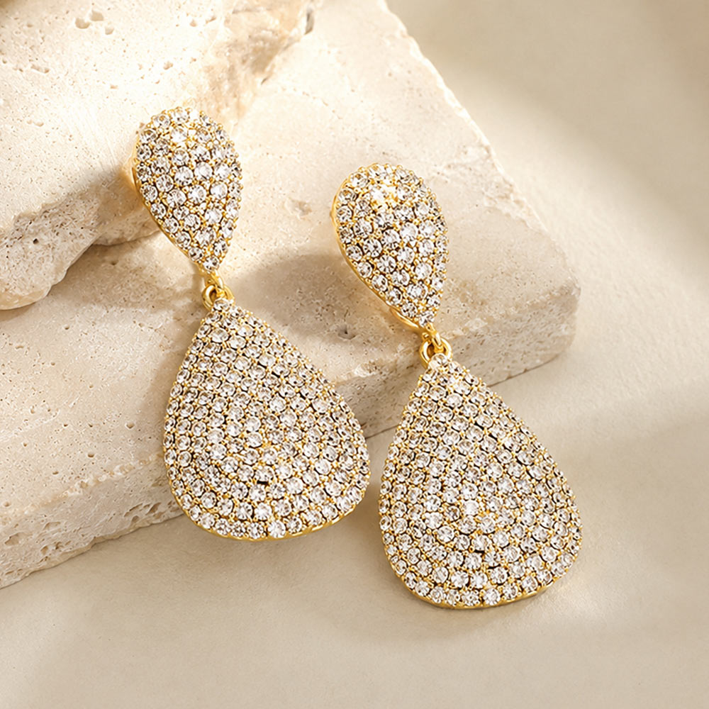 Madeline Love Clear, Gold Crystal Rhinestone Pave Double Teardrop Evening Earrings