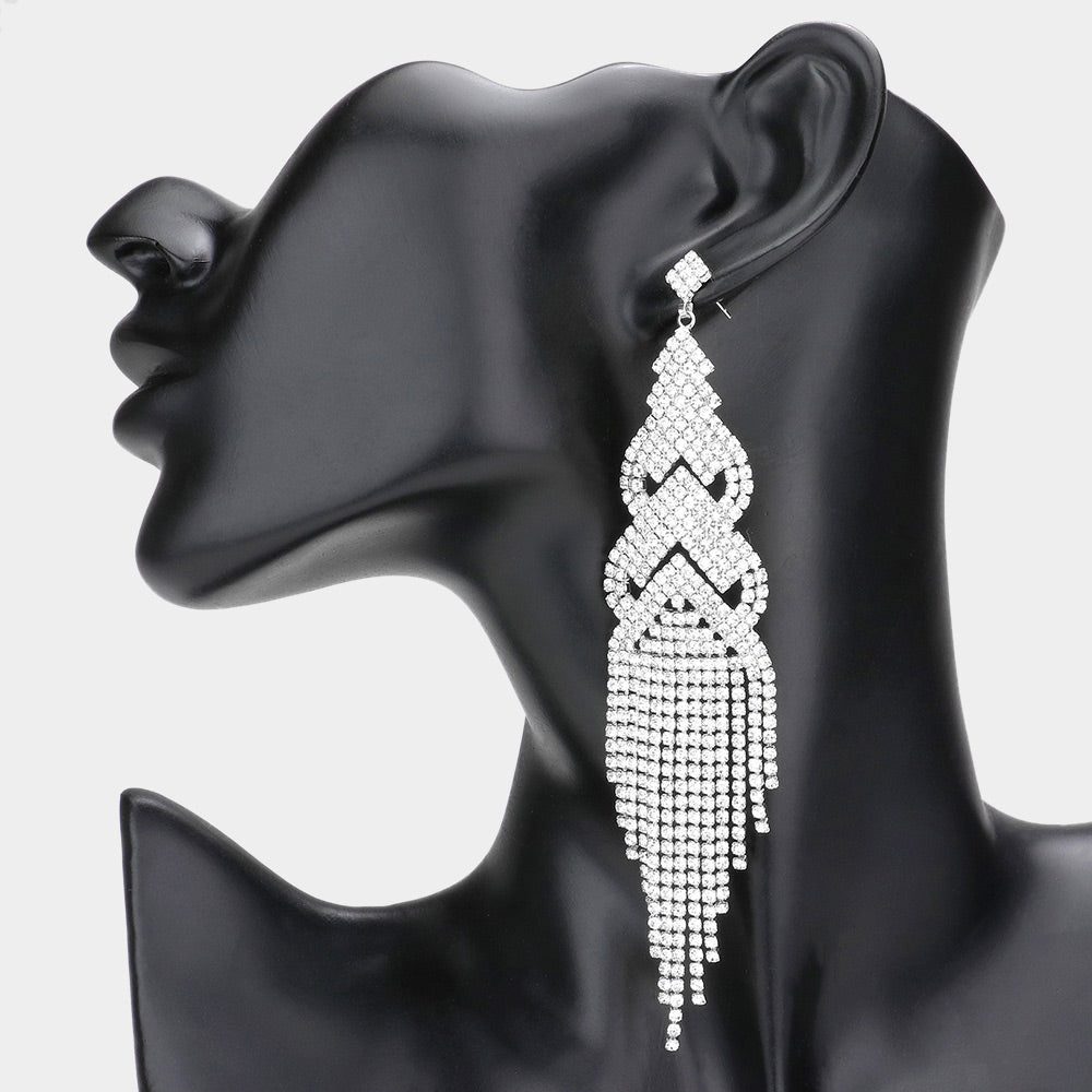Madeline Love Silver Crystal Rhinestone Statement Fringe Evening Earrings