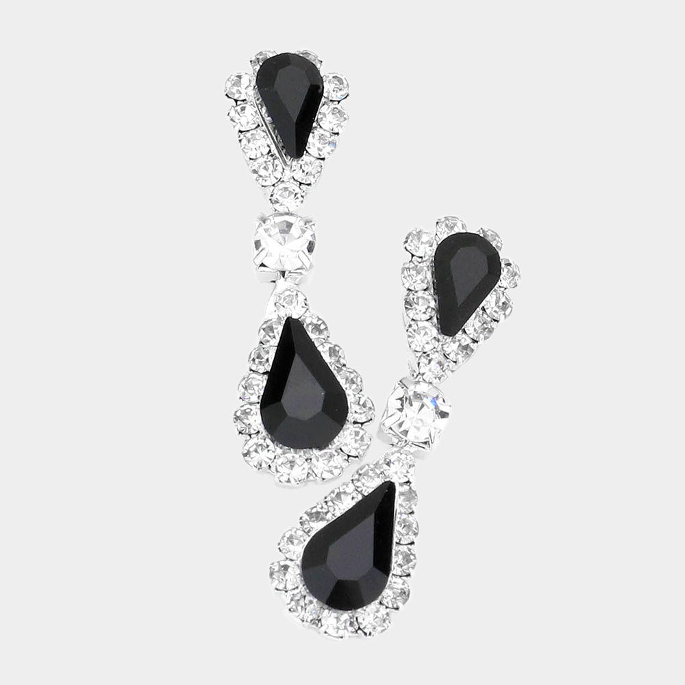 Madeline Love Black, Silver Double Teardrop Accented Rhinestone Trimmed Dangle Evening Earrings
